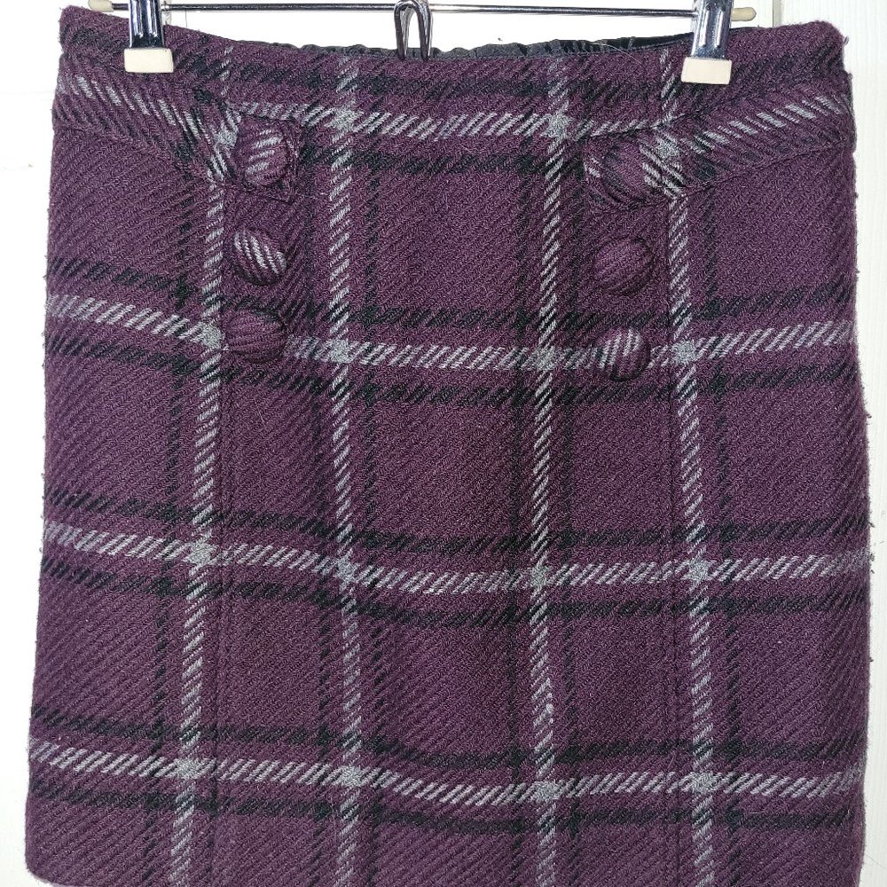 Size 6P Plum/Purple, Grey and Black Plaid Skirt with front Button Detail
